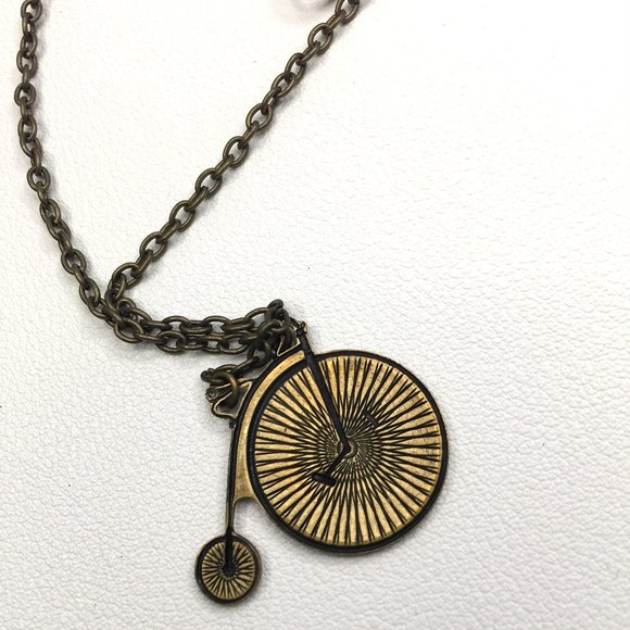 Antiqued Brass Penny farthing Bicycle Aged Bike Oxidized Charm Pendant Necklace - Picture 4 of 4